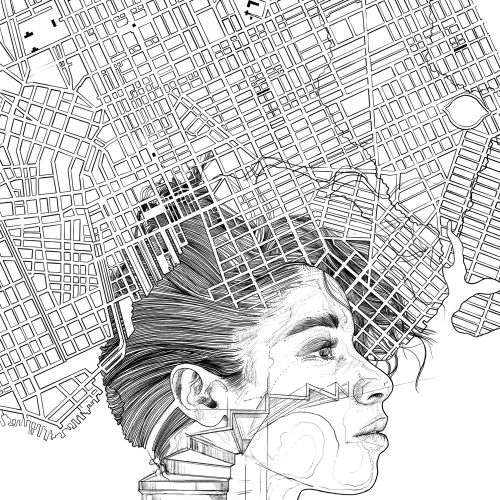 Surreal black and white drawing of woman's face merged with city map lines.