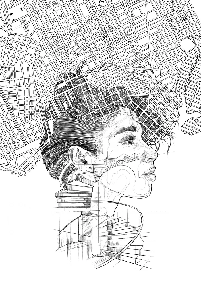 Surreal black and white drawing of woman's face merged with city map lines.