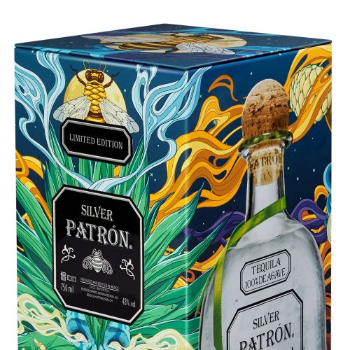 Silver Patrón tequila limited edition box with colorful artwork and corked bottle