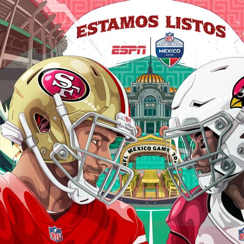 Illustration of NFL players 49ers and Cardinals facing off Mexico Game