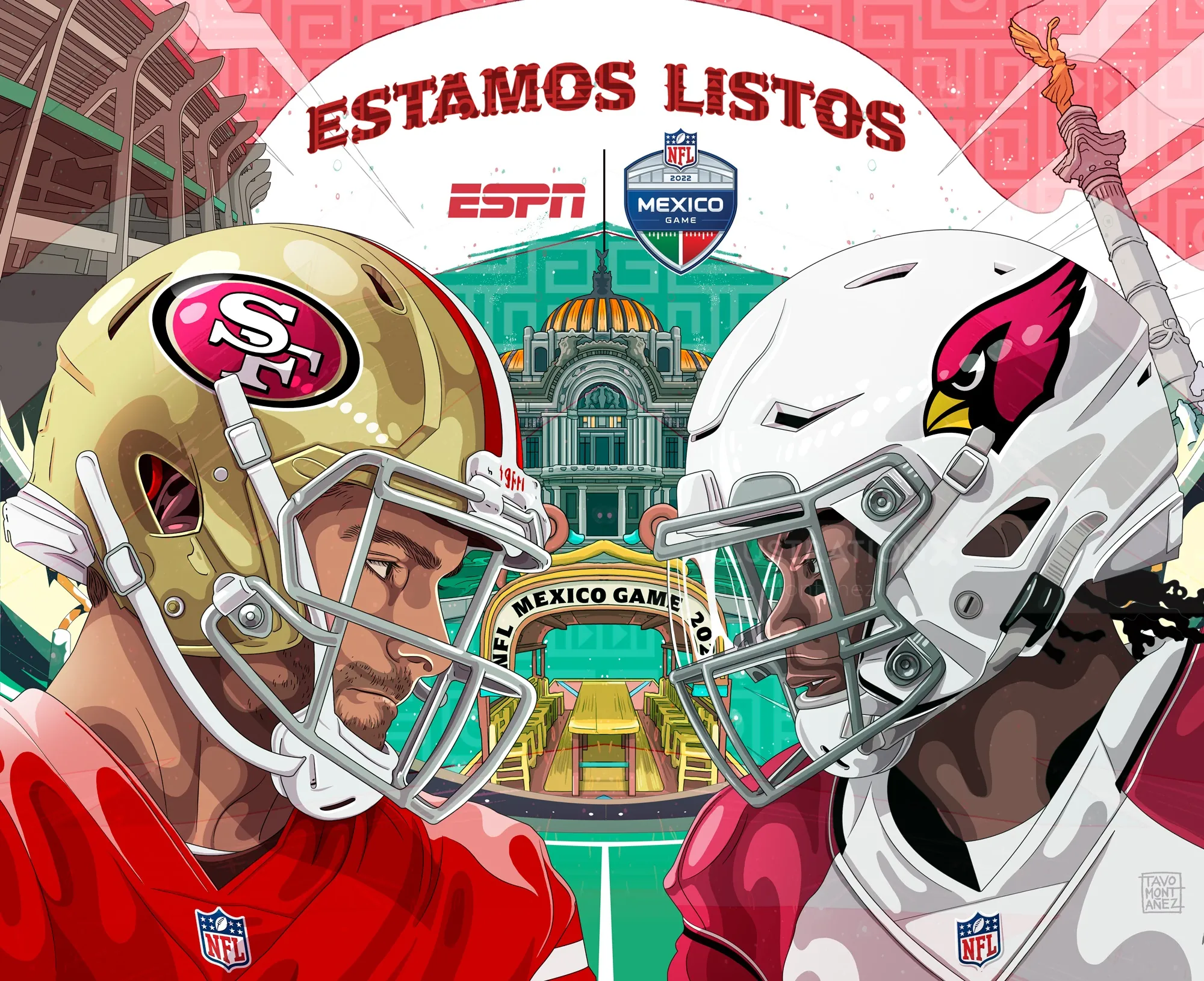 Illustration of NFL players 49ers and Cardinals facing off Mexico Game