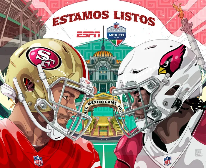 Illustration of NFL players 49ers and Cardinals facing off Mexico Game