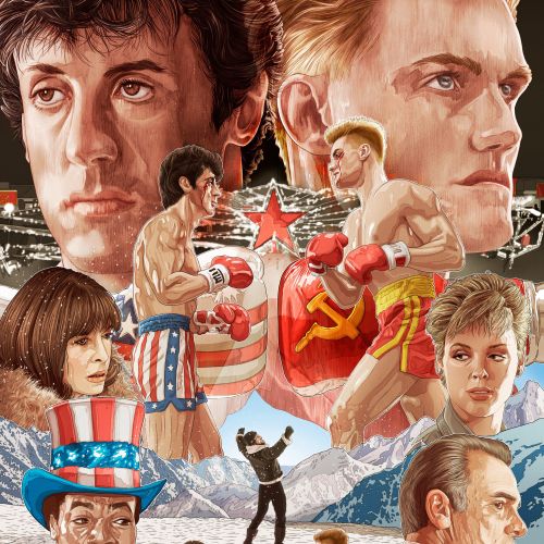 Póster ilustrado de la película alternativa Rocky IV con personajes clave y escenas de boxeo.