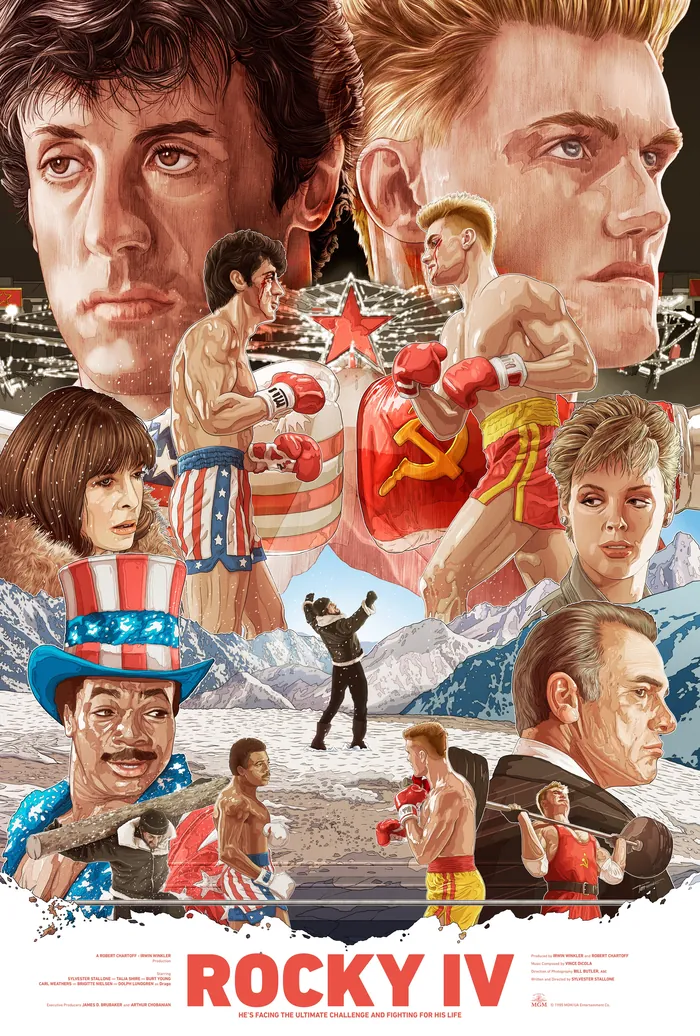 Illustrated alternative movie poster for Rocky IV with key characters and boxing scenes