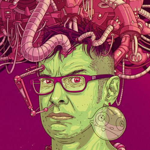 Surreal green-skinned portrait with mechanical tentacles by Tavo Montanez