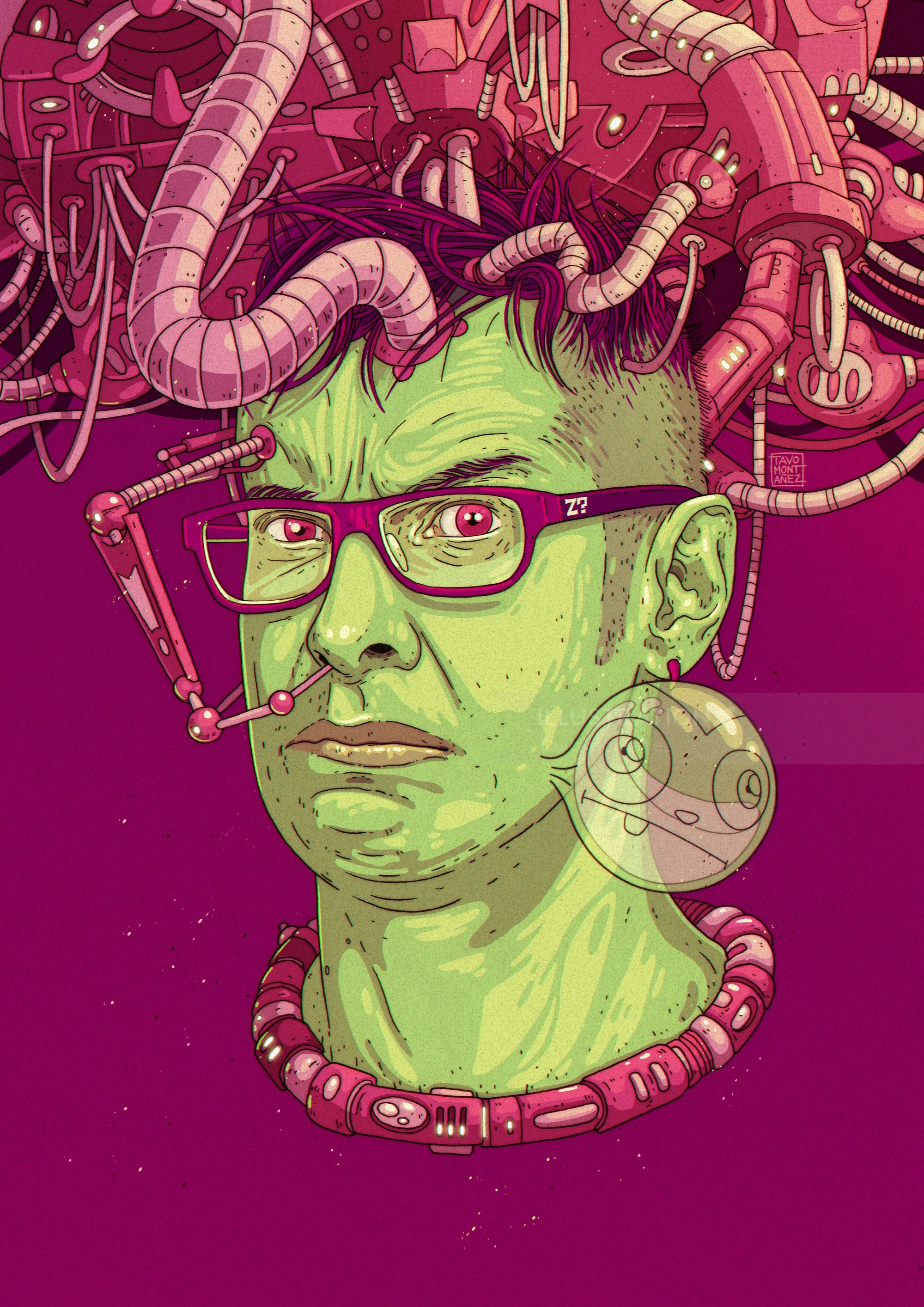 Surreal green-skinned portrait with mechanical tentacles by Tavo Montanez