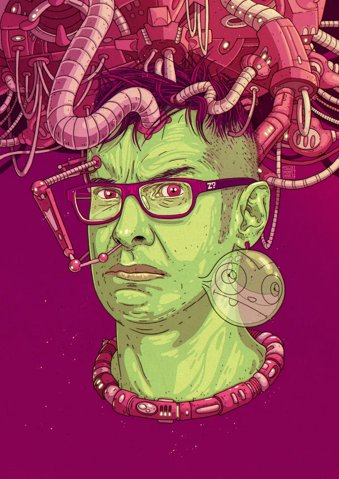 Surreal green-skinned portrait with mechanical tentacles by Tavo Montanez