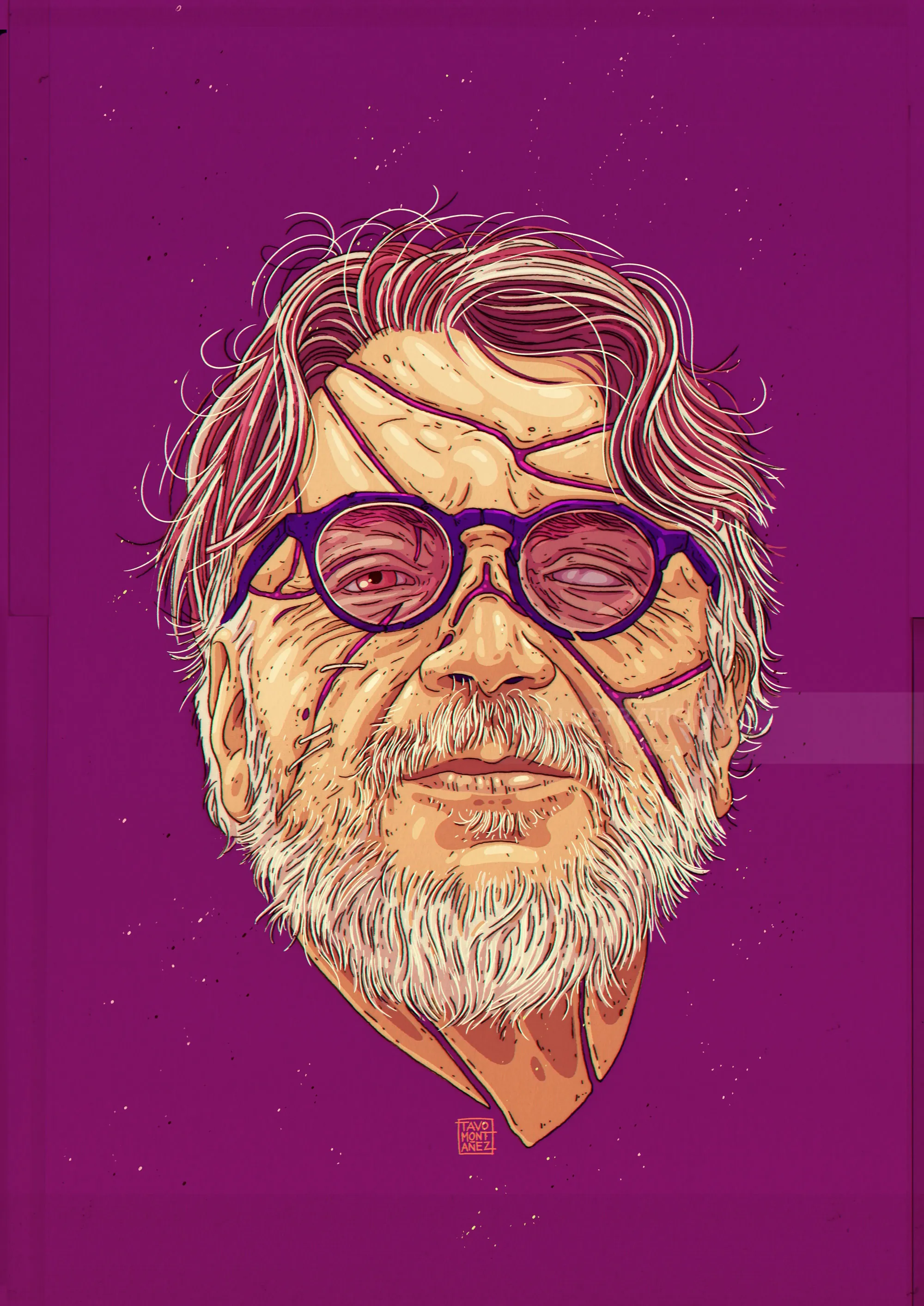 Illustration portrait of Guillermo del Toro by Tavo Montanez