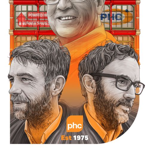 Portraits of PHC directors with company building in background by Tavo Montanez
