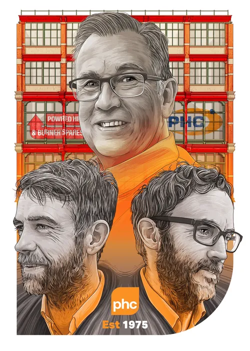 Portraits of PHC directors with company building in background by Tavo Montanez