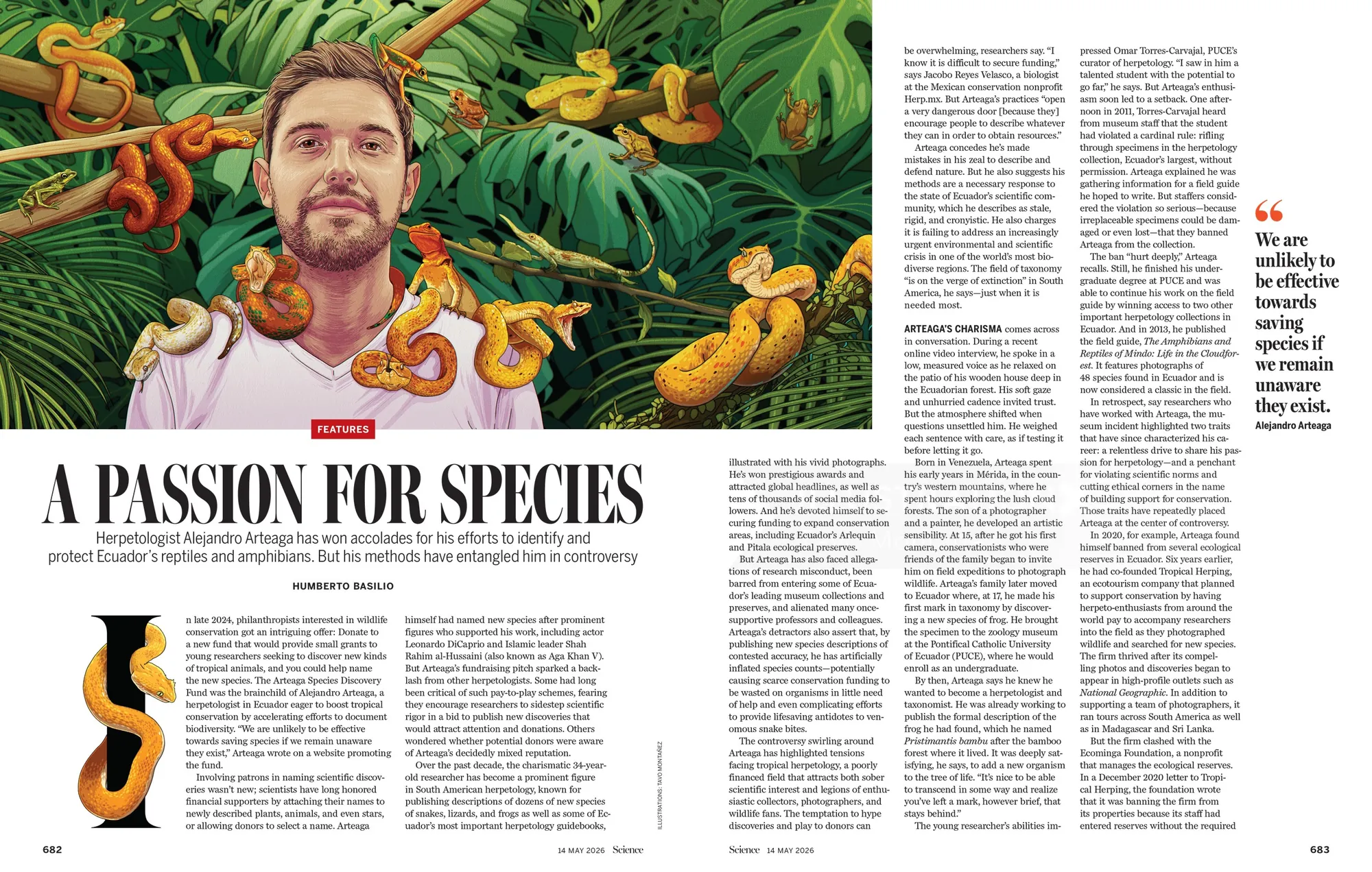 Illustration of Alejandro Arteaga surrounded by Ecuadorian reptiles by Tavo Montanez