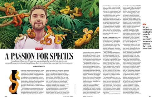 Illustration of Alejandro Arteaga surrounded by Ecuadorian reptiles by Tavo Montanez