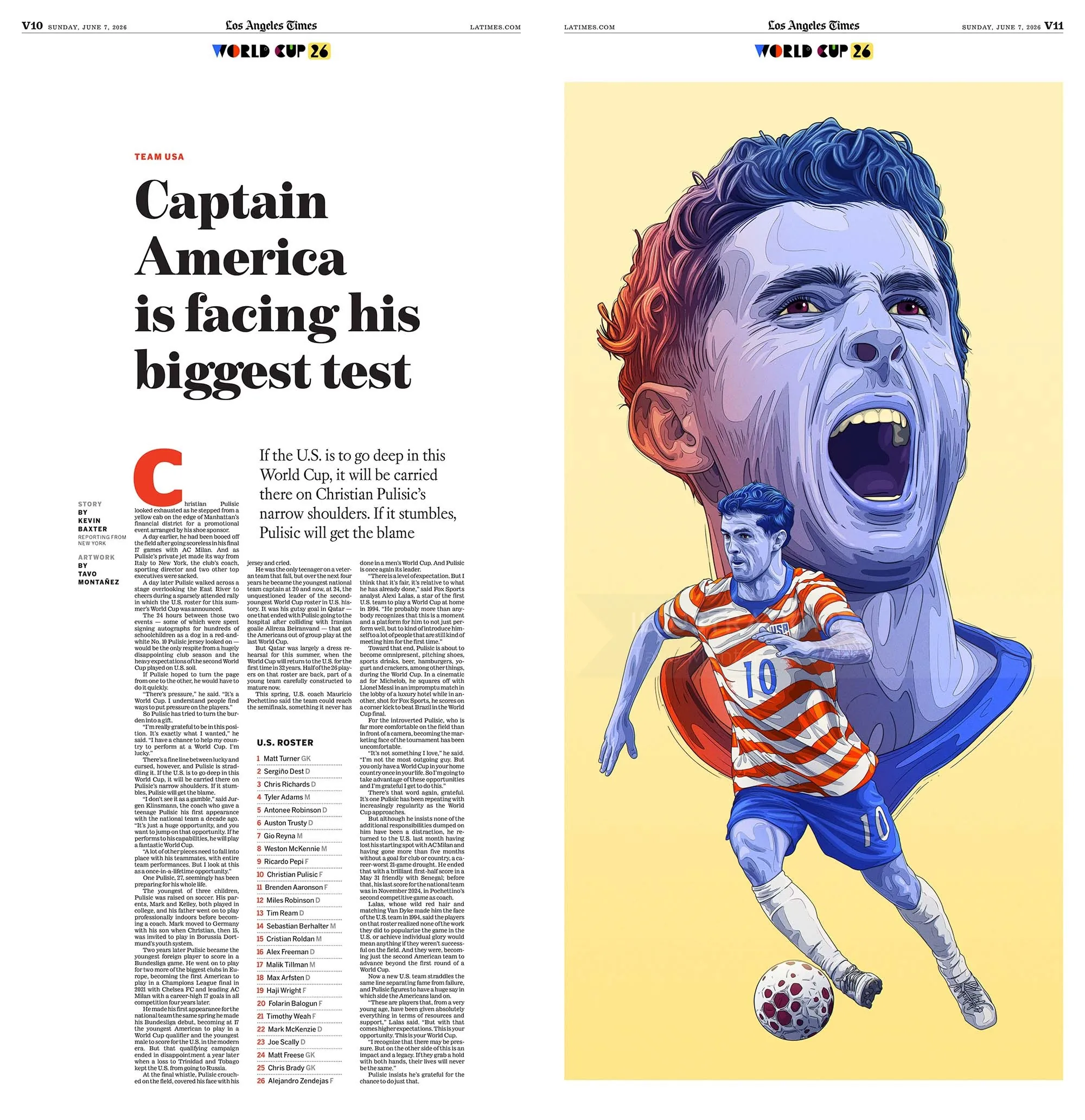 Illustration of Christian Pulisic in US Soccer uniform by Tavo Montanez