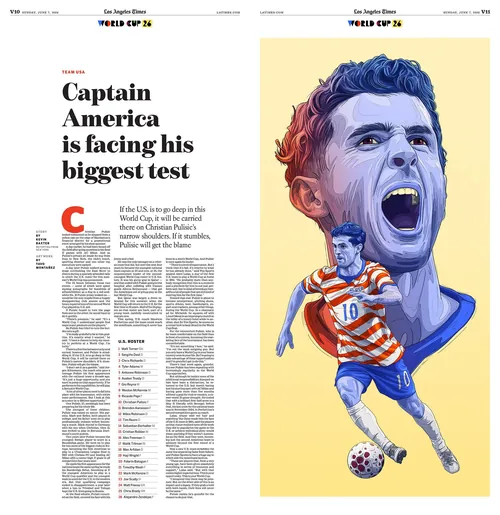 Illustration of Christian Pulisic in US Soccer uniform by Tavo Montanez