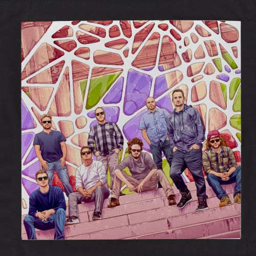 Tavo Montanez illustration of SOJA musicians seated on steps