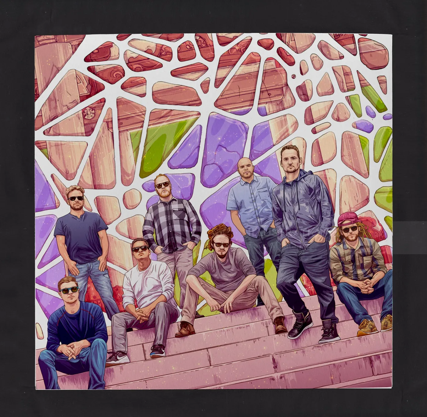Tavo Montanez illustration of SOJA musicians seated on steps