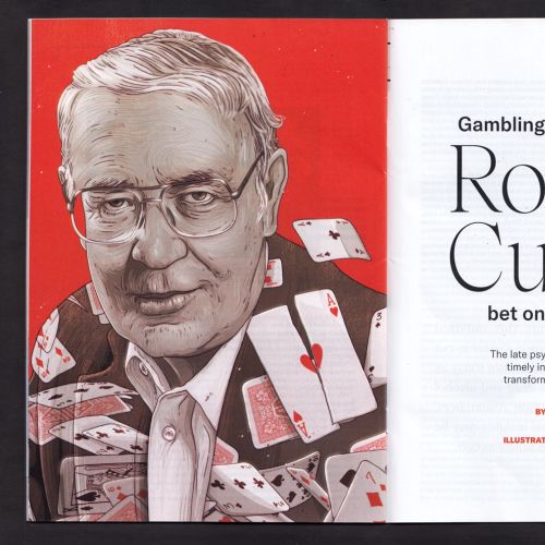 Portrait of Robert Custer with playing cards, illustrated by Tavo Montanez.