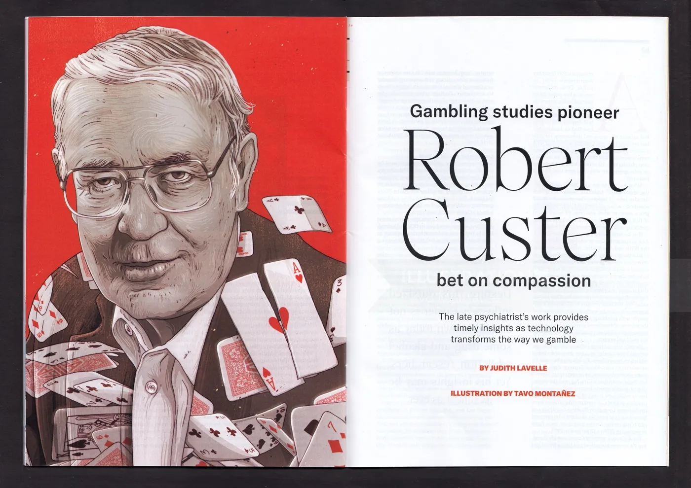 Portrait of Robert Custer with playing cards, illustrated by Tavo Montanez.