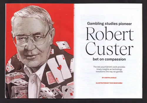 Portrait of Robert Custer with playing cards, illustrated by Tavo Montanez.