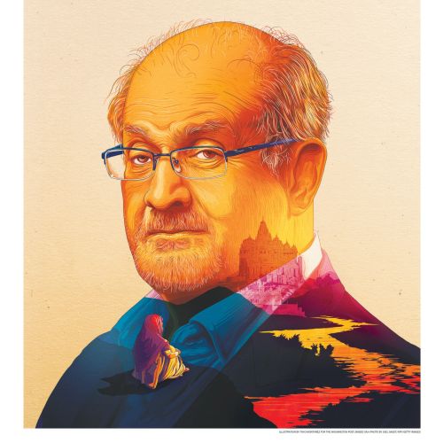 Tavo Montanez illustration of Salman Rushdie on a Book World cover