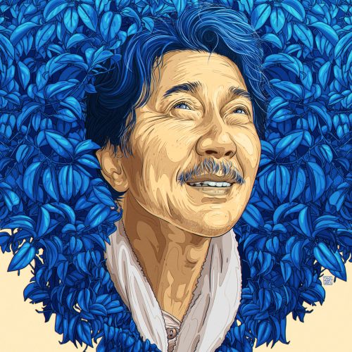 Tavo Montanez illustration of Koji Yakusho in Perfect Days amid blue foliage