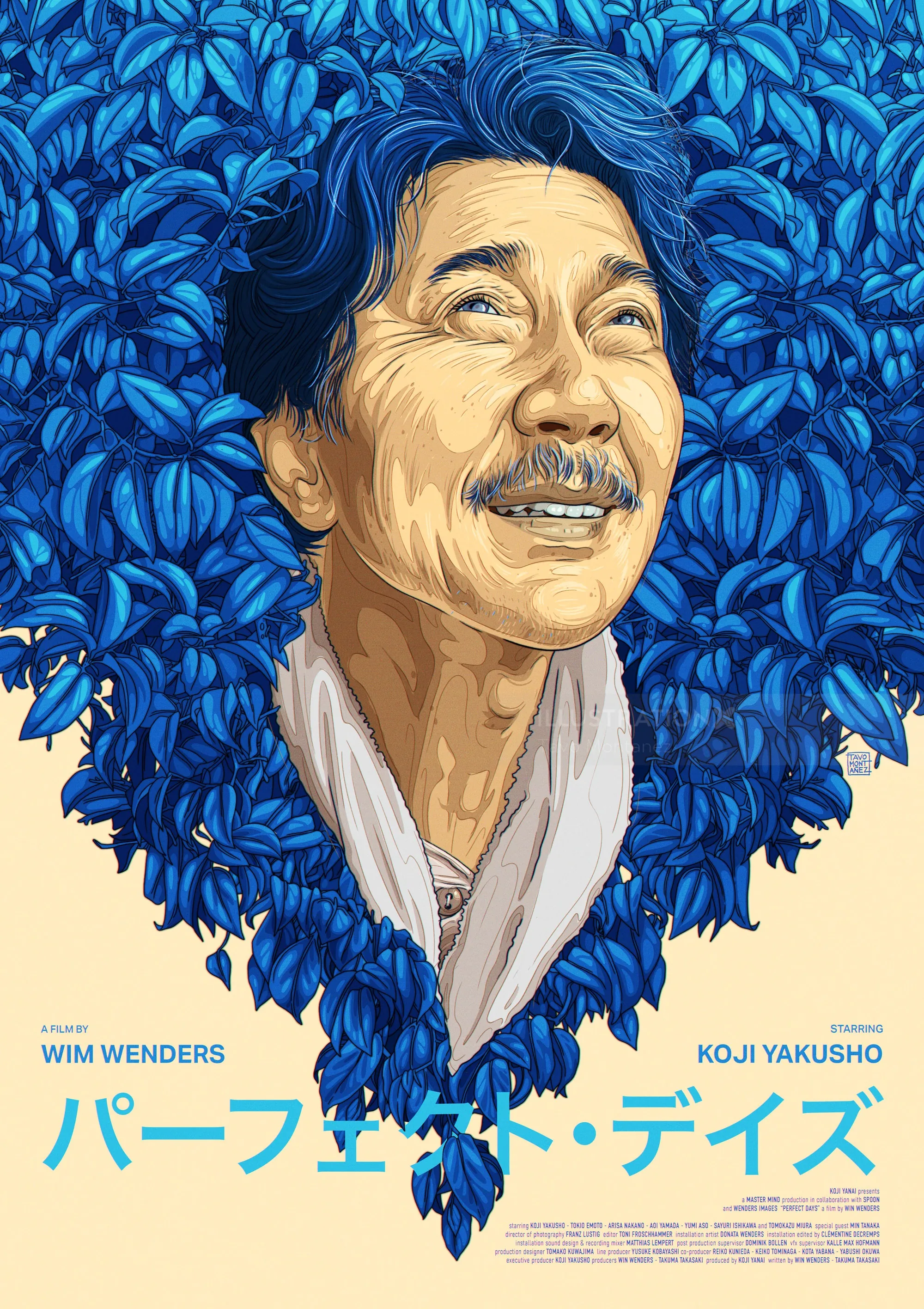 Tavo Montanez illustration of Koji Yakusho in Perfect Days amid blue foliage