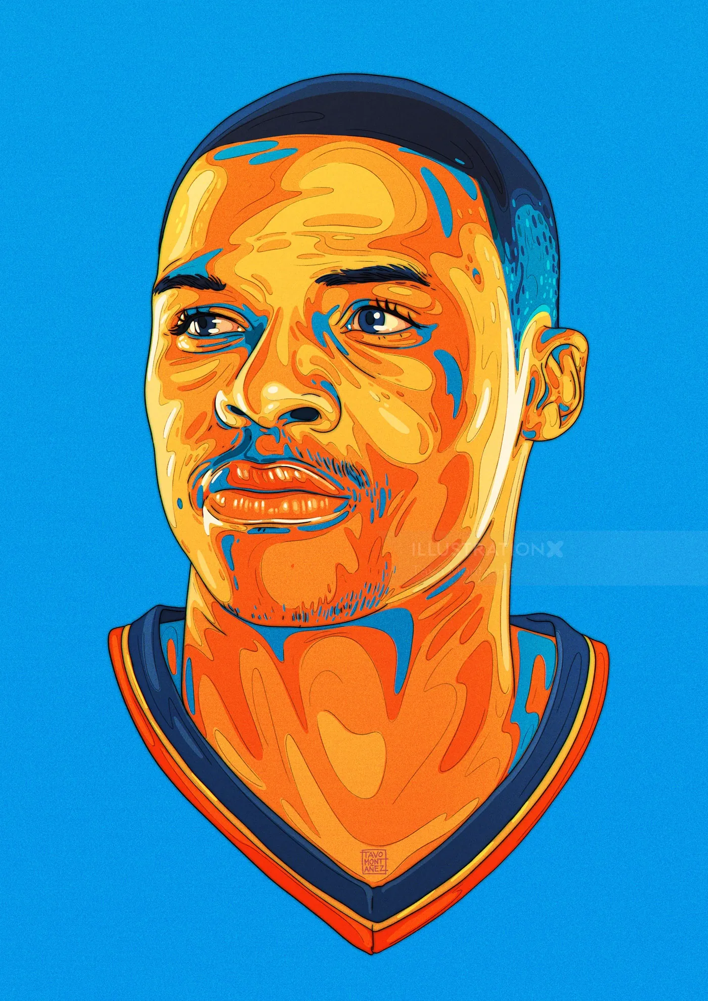 Stylized male portrait by Tavo Montanez wearing a sports jersey