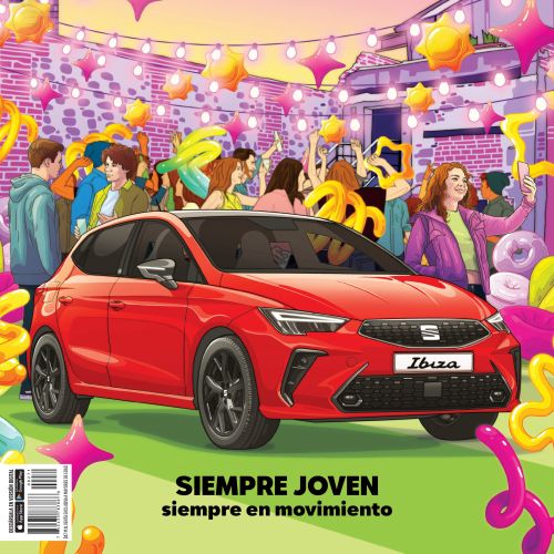 A capa colorida da revista Chilango, de Tavo Montanez, apresenta um SEAT Ibiza vermelho e uma cena de rua festiva.