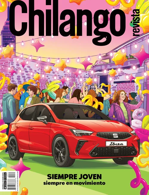 Tavo Montanez' farbenfrohes Chilango-Cover mit einem roten SEAT Ibiza und einer festlichen Straßenszene.