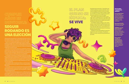 Colorful illustrated DJ mixing records, artwork by Tavo Montanez