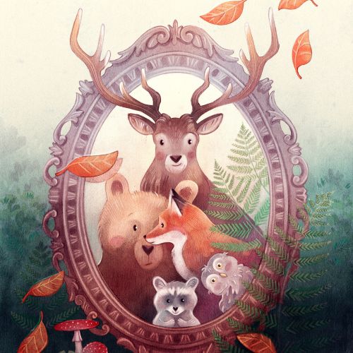 deer, raccoon, fox, owl, bear, animals, mirror, magic, cover, children's book, woodland, forest
