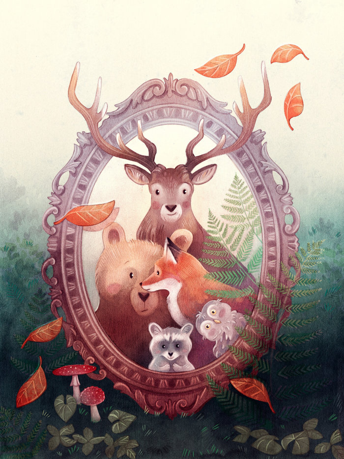 Représentation de dessin animé d&#39;animaux vus dans un miroir