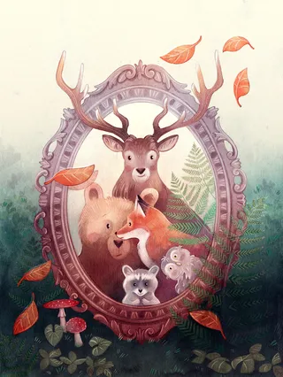 Cartoon depiction of animals seen in a mirror