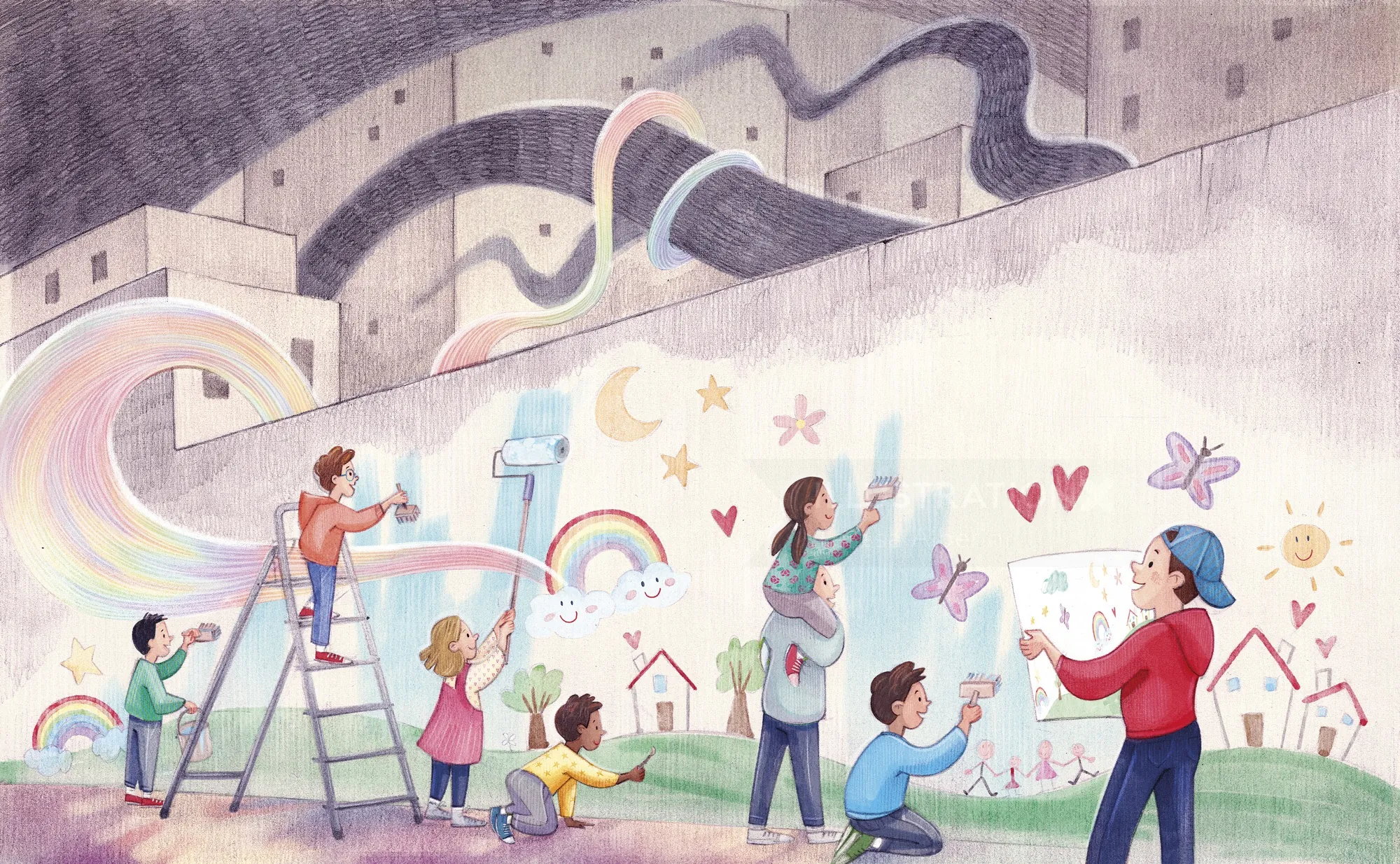 Kinderbuch, Wandmalereien, Kinder, Regenbogen, Kreativität