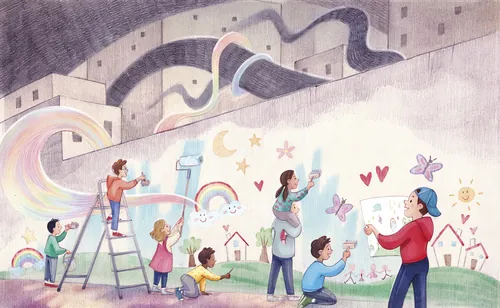 Kinderbuch, Wandmalereien, Kinder, Regenbogen, Kreativität