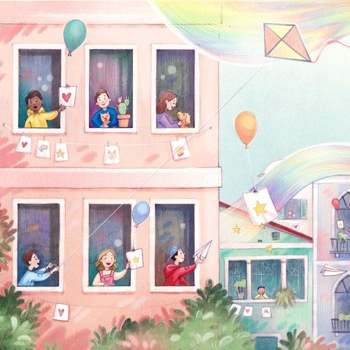 city, children, rainbow, colors, balloons, happiness, windows