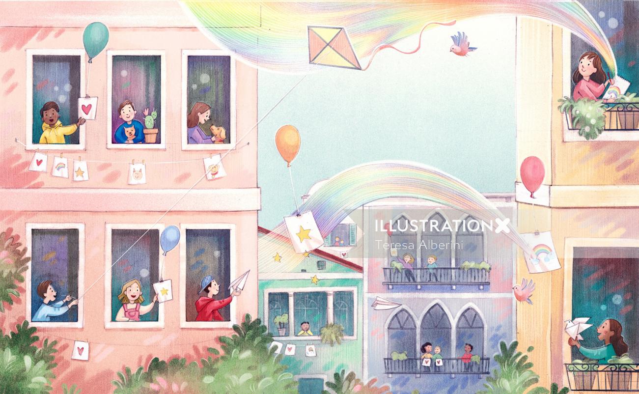 city, children, rainbow, colors, balloons, happiness, windows