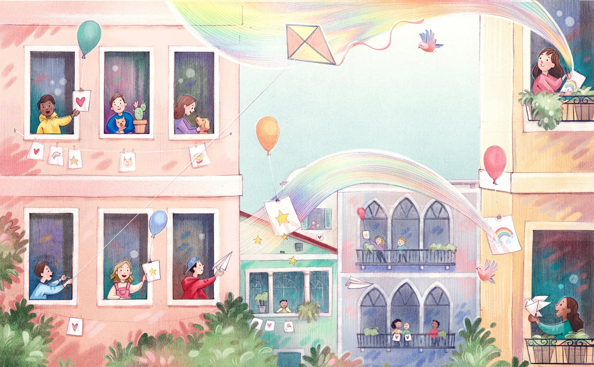 Stadt, Kinder, Regenbogen, Farben, Luftballons, Glück, Fenster