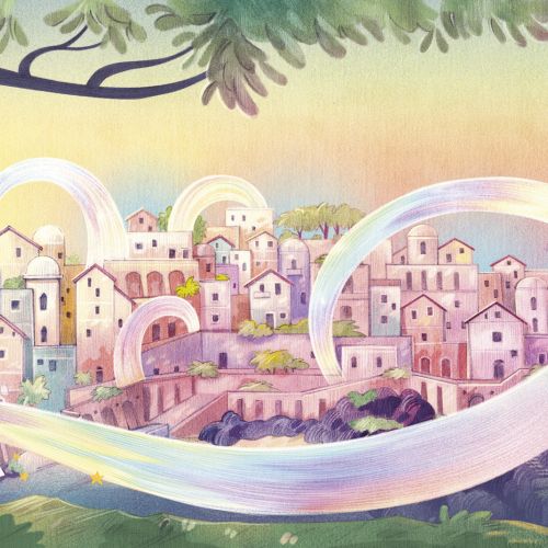 children's book, city, village, colors, rainbow, magic, creativity, cover, tree, sea, sunset