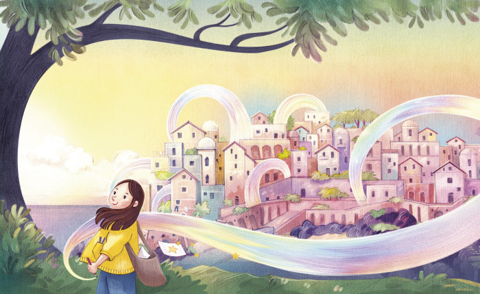 livre pour enfants, Ville, village, couleurs, arc en ciel, magie, créativité, couverture, arbre, mer, coucher de soleil