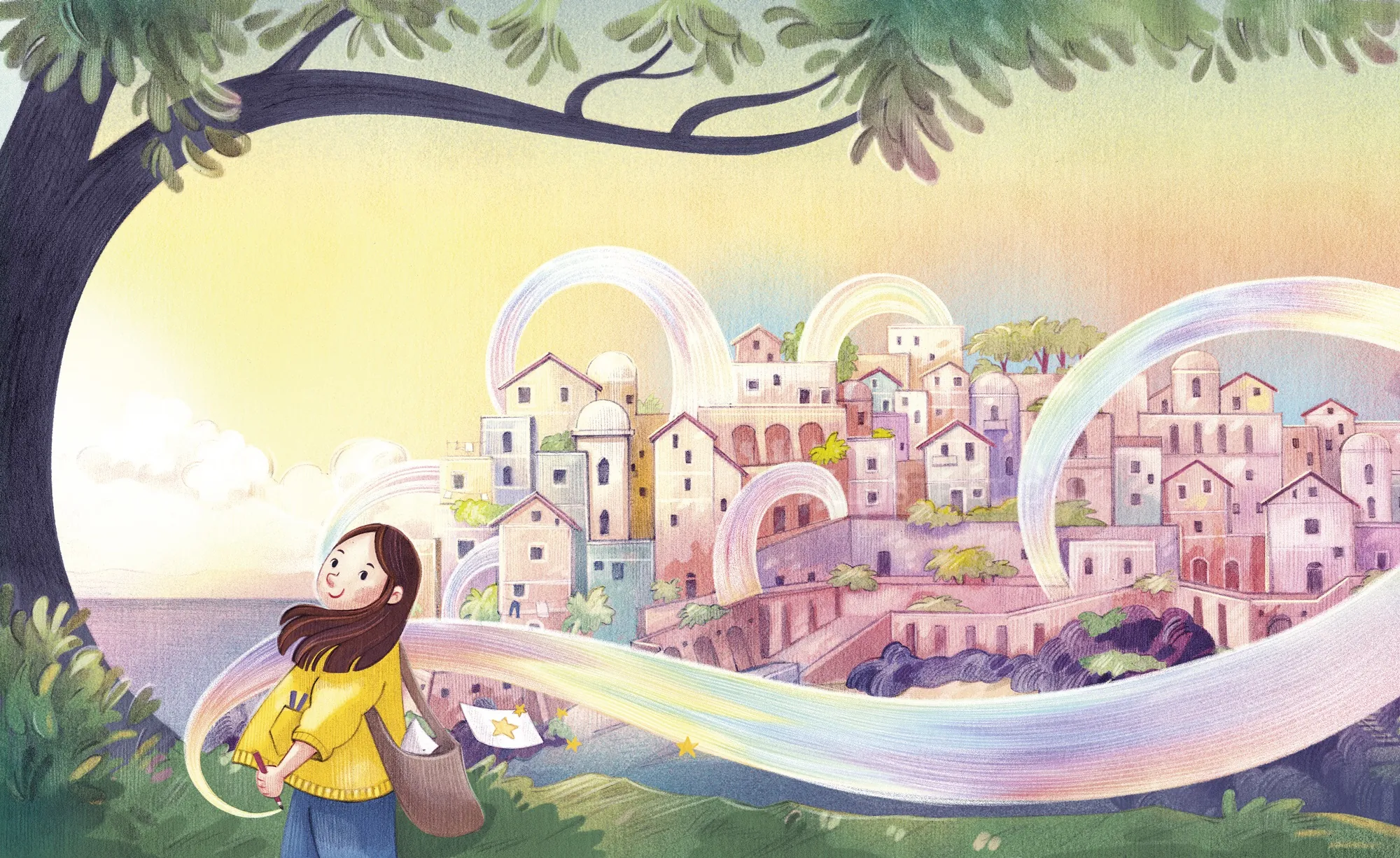 libro para niños, ciudad, pueblo, colores, arco iris, magia, creatividad, funda, árbol, mar, puesta de sol