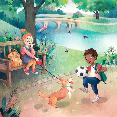 Welsh Corgi spielt mit einem Kind