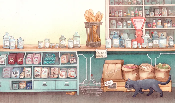 Vintage grocery store interior with shelves, bread, jars, and a black cat by Teresa Alberini