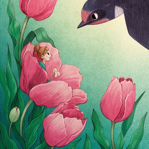 Thumbelina, Cover, swallow, flowers, tulip, fairy, classic fairy tale, children's book