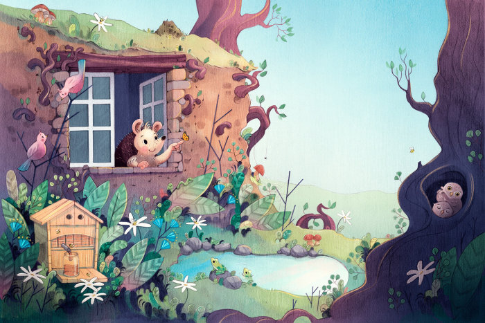 children's book, hedgehog, burrow, animals, home, spring, nature, owls, bees, flowers
