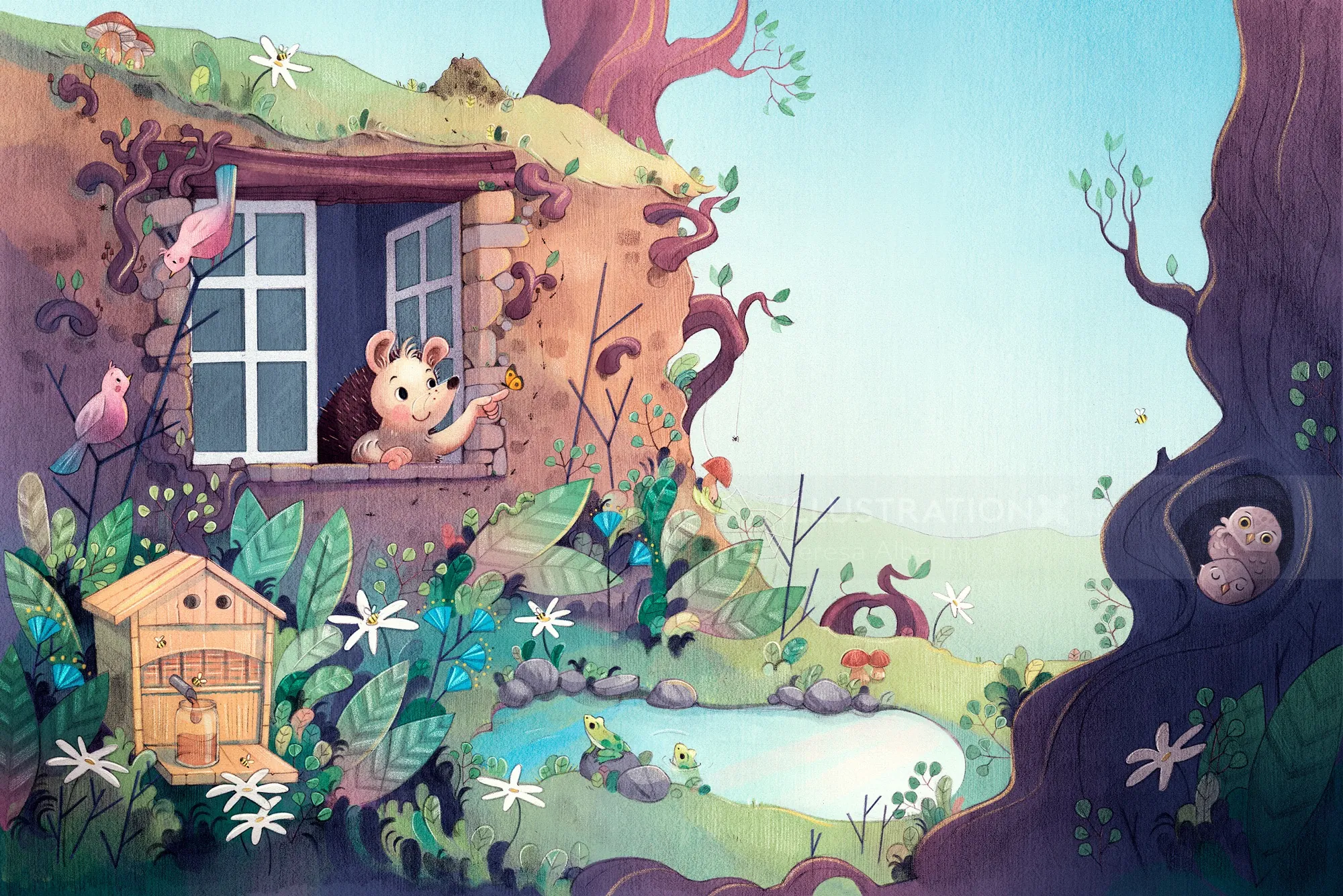 Kinderbuch, Igel, Bau, Tiere, Zuhause, Frühling, Natur, Eulen, Bienen, Blumen