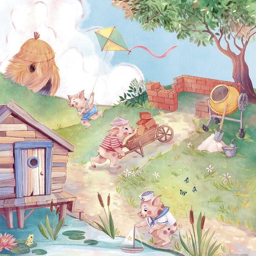 Piglets playing near pond and tree with wheelbarrow and kite by Teresa Alberini