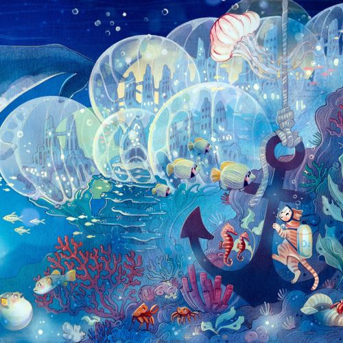 Underwater city scene with whale, divers in bubbles, and marine life by Teresa Alberini
