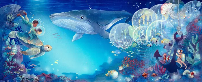 Underwater city scene with whale, divers in bubbles, and marine life by Teresa Alberini
