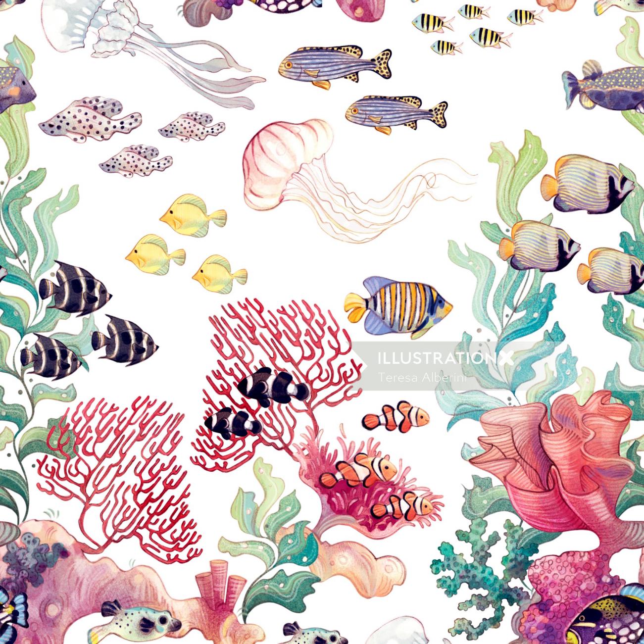 sea, underwater, reef, nature, fish, algae, coral, jellyfish, decorative, pattern
